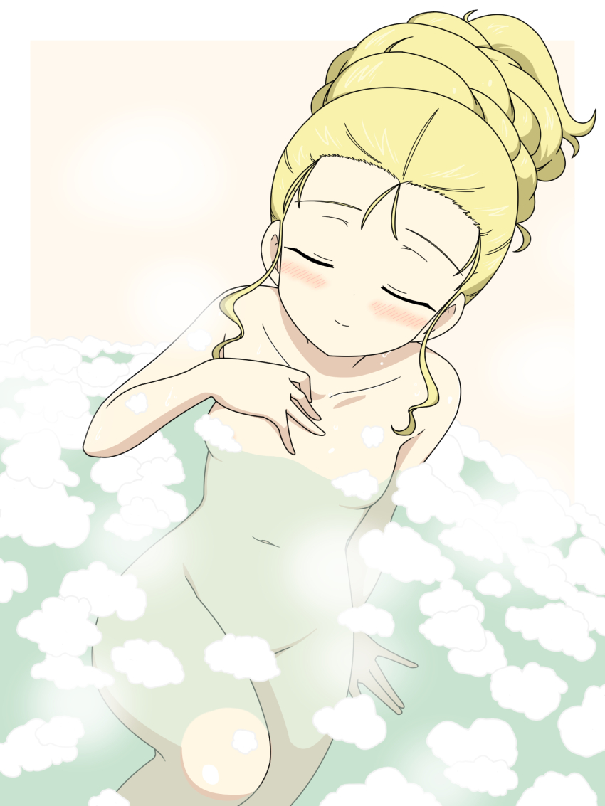 alternate_hairstyle assam_(girls_und_panzer) bathing blonde_hair blush breasts closed_eyes completely_nude girls_und_panzer groin hair_bun hand_on_ground hand_on_own_chest highres ichinose_jun long_hair navel nude partially_submerged small_breasts soap_bubbles