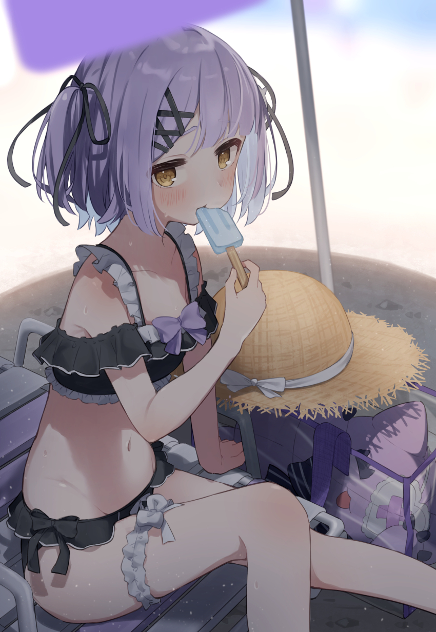 1girl arm_support bag beach beach_chair beach_umbrella bikini black_bikini black_bow blue_hair bow colored_inner_hair day eating eyepatch food frilled_bikini frilled_eyepatch frilled_thigh_strap frills hair_ornament hair_ribbon hat hat_bow heart heart_eyepatch highres light_blue_hair looking_at_viewer multicolored_hair navel popsicle purple_bow purple_hair ribbon shinomiya_runa shinomiya_runa_(summer_c102) short_hair sitting solo stomach stomach_day straw_hat stuffed_animal stuffed_cat stuffed_toy sun_hat sweat swimsuit thigh_strap two_side_up umbrella virtual_youtuber vspo! white_bow x_hair_ornament yadon_otaku yellow_eyes yellow_hat