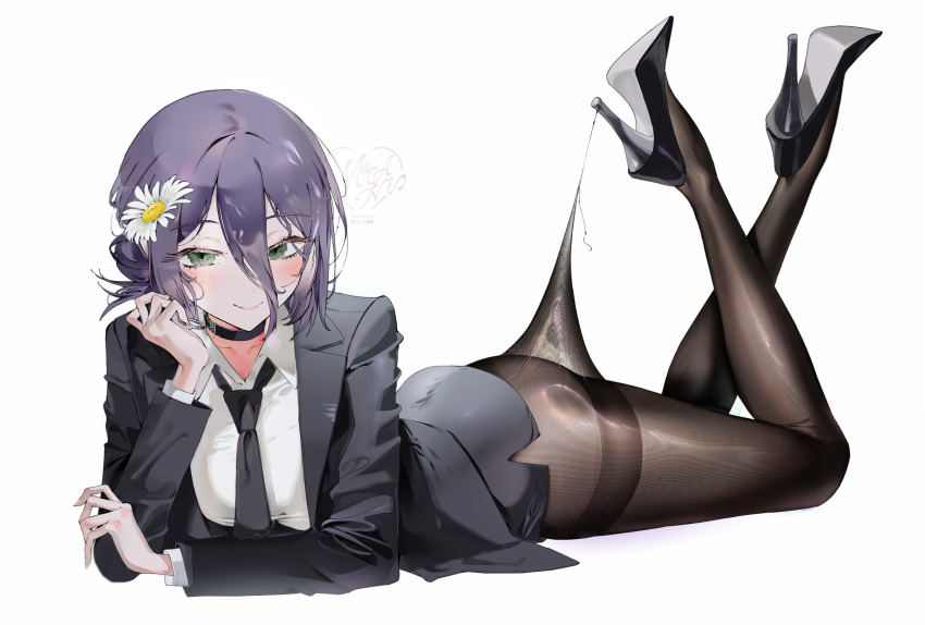 1girl ass black_choker black_jacket black_necktie black_pantyhose black_skirt chainsaw_man choker closed_mouth flower green_eyes grenade_pin hair_between_eyes hair_flower hair_ornament high_heels highres hooked_on_heel hoppang jacket lace_pantyhose_hooked_on_heel_(meme) lying meme necktie office_lady on_stomach pantyhose pantyhose_tug purple_hair reze_(chainsaw_man) shirt simple_background skirt smile solo suit_jacket the_pose white_background white_flower white_shirt