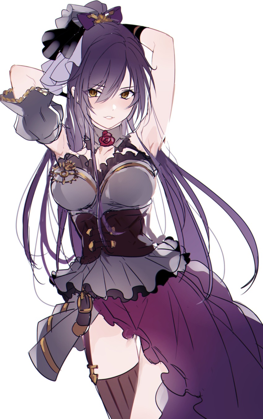 1girl absurdres armpits arms_behind_head arms_up bare_shoulders black_hair bow breasts brown_eyes bustier cleavage collarbone corset detached_collar detached_sleeves dress female_focus frills garter_straps hair_bow highres idolmaster idolmaster_shiny_colors kaa large_breasts long_hair looking_at_viewer parted_lips ponytail purple_dress purple_hair shirase_sakuya skirt solo standing strapless strapless_dress thighhighs thighs