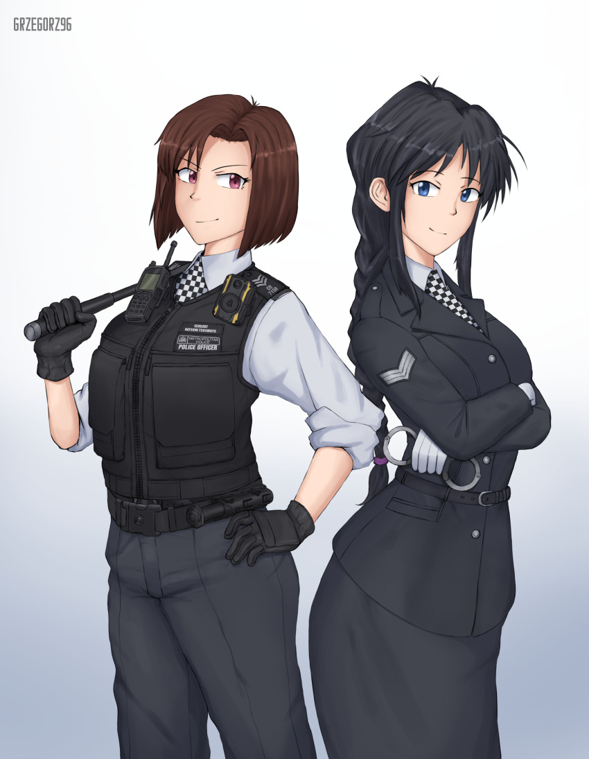 2girls absurdres baton_(weapon) belt black_belt black_gloves black_hair black_pants black_skirt black_tunic black_vest blue_eyes body_cam bow braid brown_eyes brown_hair checkered_necktie chevron_(symbol) commission commissioner_upload crossed_arms cuffs epaulettes facing_viewer from_side gloves grzegorz1996 hair_bow hand_on_own_hip handcuffs highres holding holding_weapon kobayakawa_miyuki long_hair metropolitan_police_service multiple_girls necktie pants police police_uniform policewoman ponytail pouch shirt short_hair simple_background skirt sleeves_rolled_up smile taiho_shichauzo tsujimoto_natsumi tunic united_kingdom vest walkie-talkie watermark weapon white_gloves white_shirt