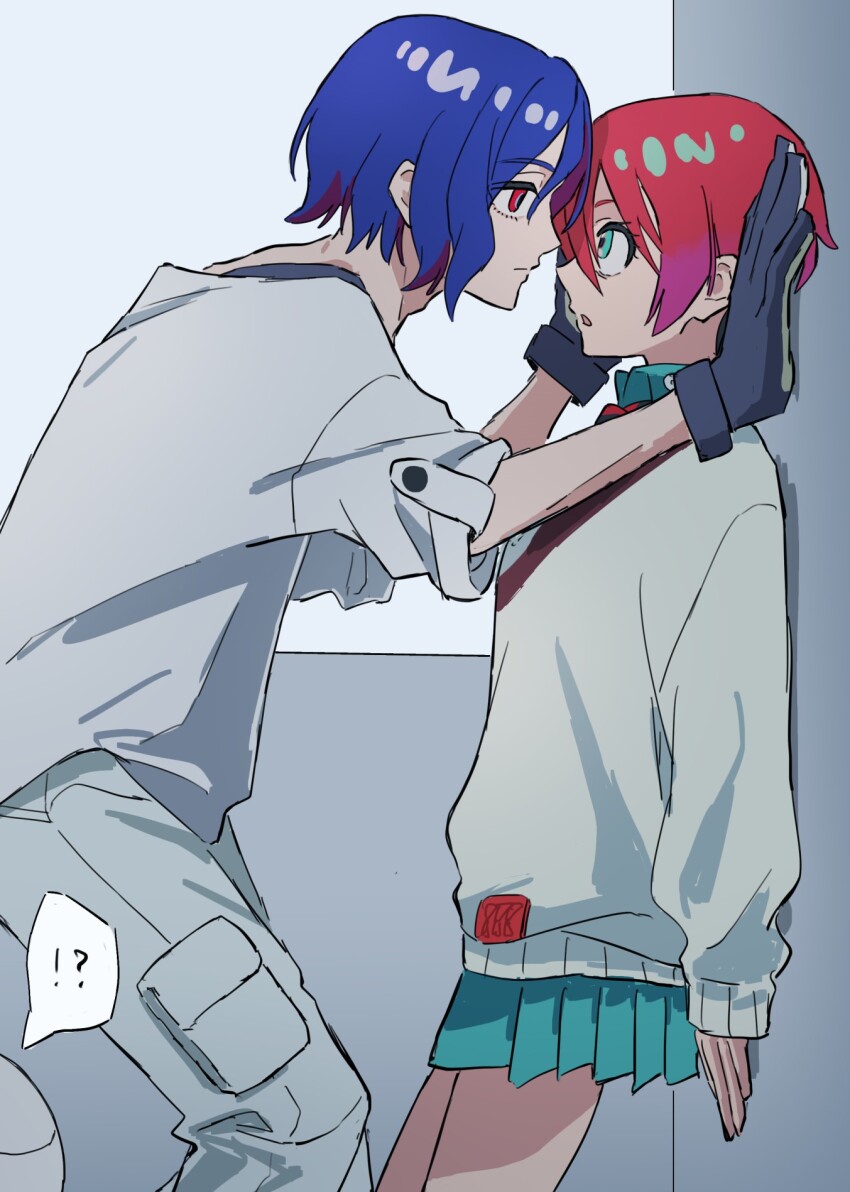 !? 1boy 1girl amate_yuzuriha aqua_eyes blue_hair blush collared_shirt colored_inner_hair gloves gundam gundam_gquuuuuux haro hetero highres kabedon long_sleeves multicolored_hair necktie non-humanoid_robot o6nuqm purple_hair red_eyes red_hair robot school_uniform shirt short_hair shuji_ito skirt speech_bubble spoken_interrobang sweater two-tone_hair white_shirt