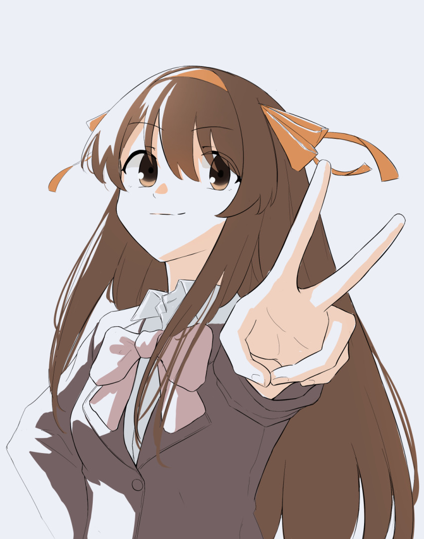 1girl blazer bow bowtie brown_eyes brown_hair brown_jacket closed_mouth collared_shirt commentary english_commentary hair_between_eyes hair_ribbon hairband hand_on_own_hip highres jacket kouyouen_academy_school_uniform long_hair long_sleeves orange_hairband orange_ribbon pink_bow pink_bowtie ribbon school_uniform shirt simple_background smile solo suzumiya_haruhi suzumiya_haruhi_no_shoushitsu suzumiya_haruhi_no_yuuutsu tsuguu upper_body v white_background white_shirt winter_uniform