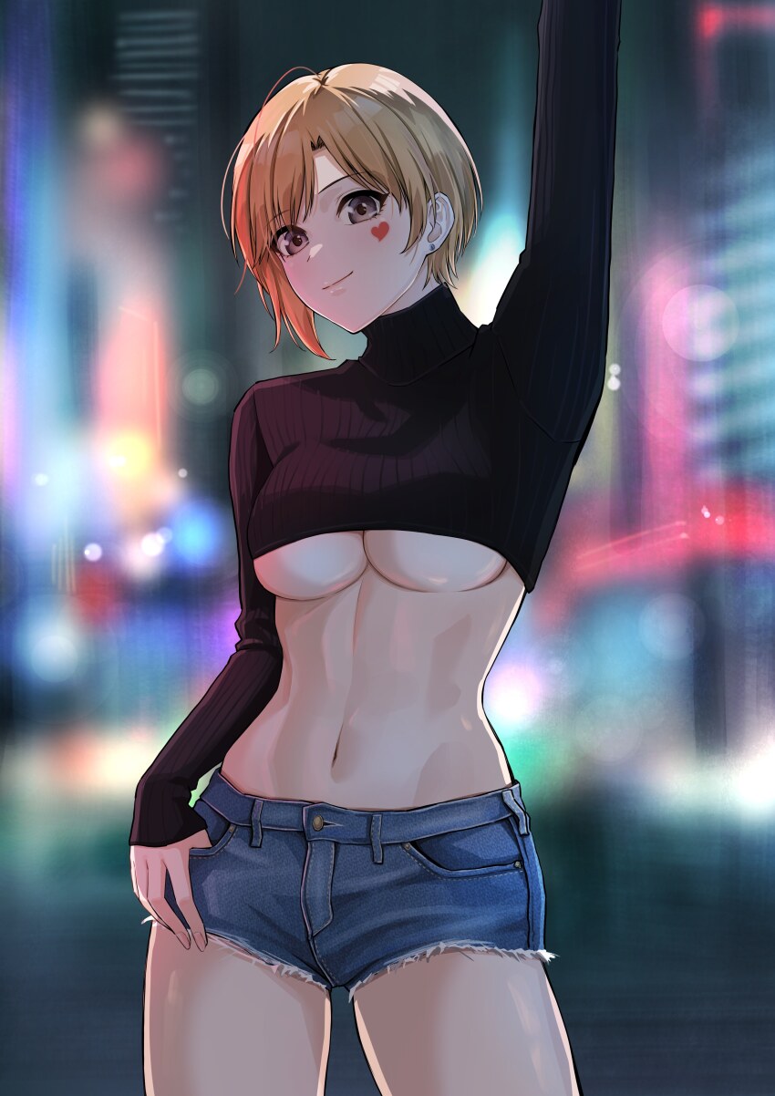 1girl absurdres aiba_yumi arm_up black_sweater blonde_hair blurry blurry_background blush breasts commentary_request cropped_sweater daiko_(dai1974910) denim denim_shorts facepaint fingernails heart highres idolmaster idolmaster_cinderella_girls linea_alba looking_at_viewer medium_breasts navel ribbed_sweater short_hair short_shorts shorts smile solo stomach sweater thighs underboob