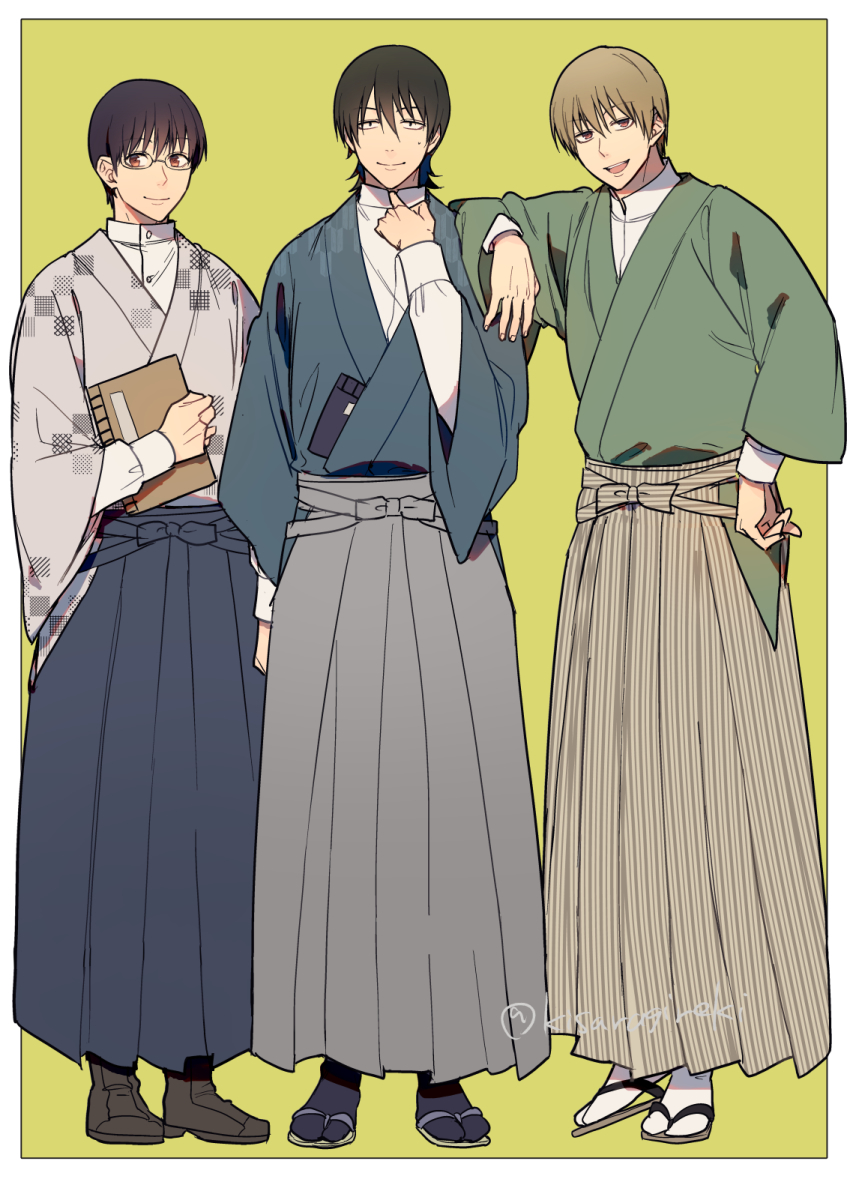 3boys :d black_footwear black_hair black_legwear blue_hakama blue_kimono boots brown_background brown_footwear brown_hair closed_mouth commentary_request gintama green_kimono grey_hakama grey_kimono hakama hakama_skirt hand_up highres holding japanese_clothes kimono kisaragireki long_sleeves looking_at_viewer male_focus multiple_boys okita_sougo open_mouth sandals shimura_shinpachi simple_background skirt smile standing tabi white_legwear wide_sleeves yamazaki_sagaru zouri