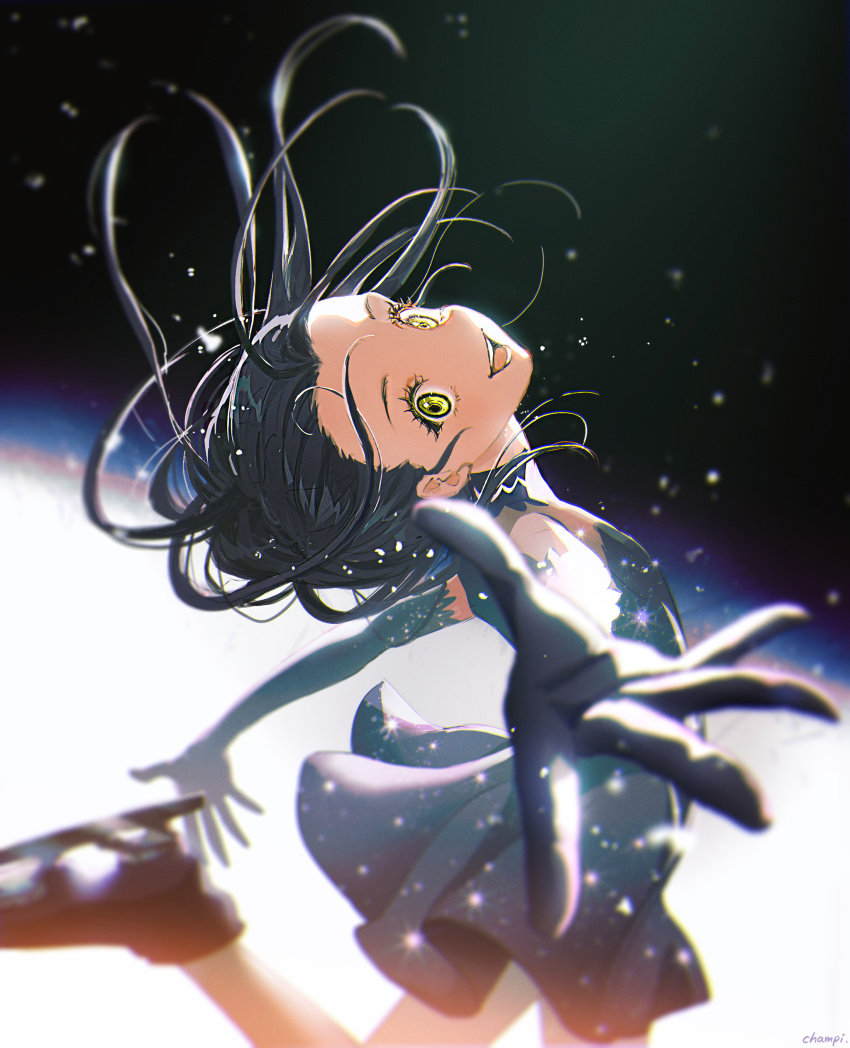 1girl absurdres black_dress black_gloves black_hair champi dress elbow_gloves figure_skating figure_skating_dress gloves highres ice_skating kamisaki_hikaru long_hair looking_at_viewer medalist_(manga) open_mouth outstretched_arm reaching reaching_towards_viewer skating skating_rink solo yellow_eyes
