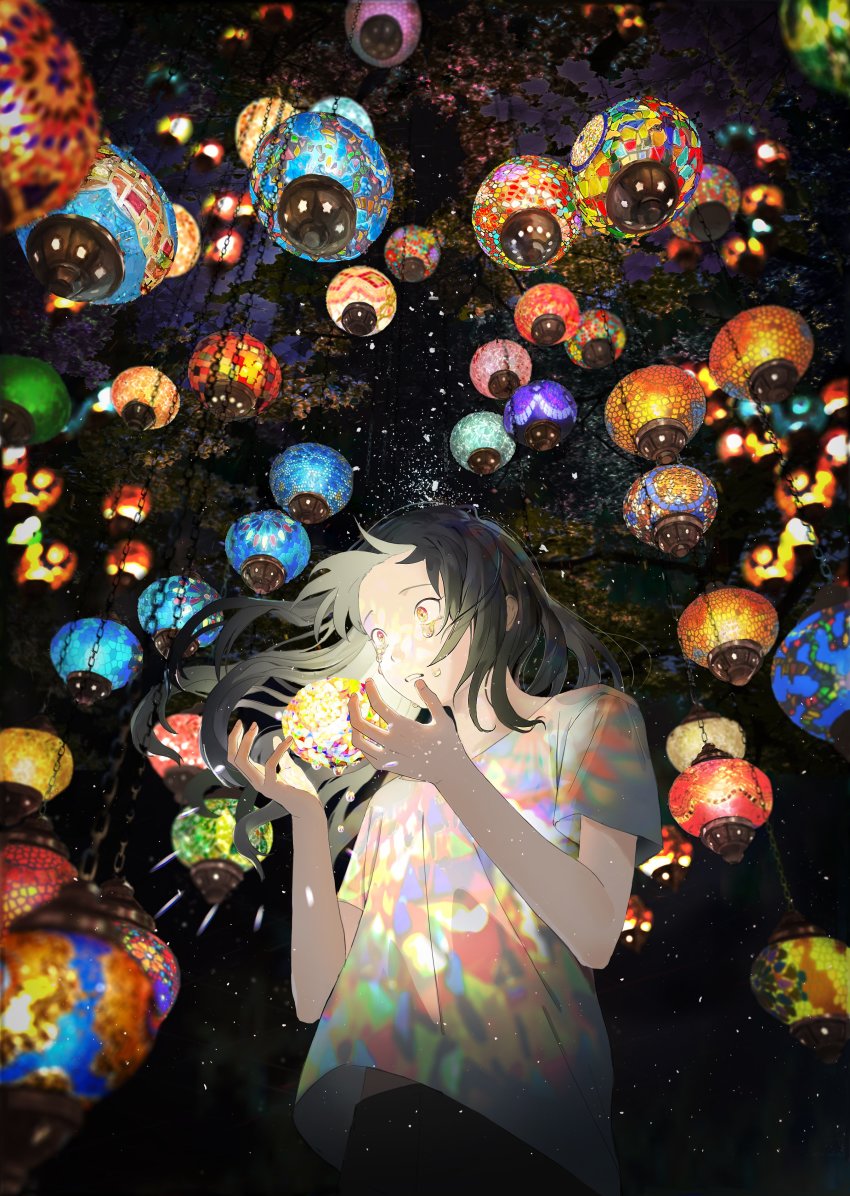1girl absurdres black_hair chain chakotata floating_hair glowing hands_up highres lantern long_hair original parted_lips red_eyes short_sleeves solo tears upper_body wide_shot
