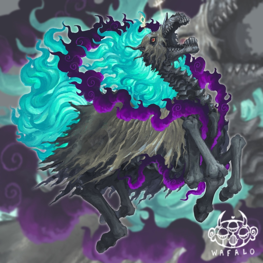 1boy absurdres artist_logo bakotsu_(youkai) colored_sclera ethan-baron_v._nusjuro grey_robe hagoromo highres horse logo male_focus monster one_piece open_mouth red_eyes robe running shawl skeleton solo torn_clothes torn_robe venus_symbol wafalo yellow_sclera zoom_layer
