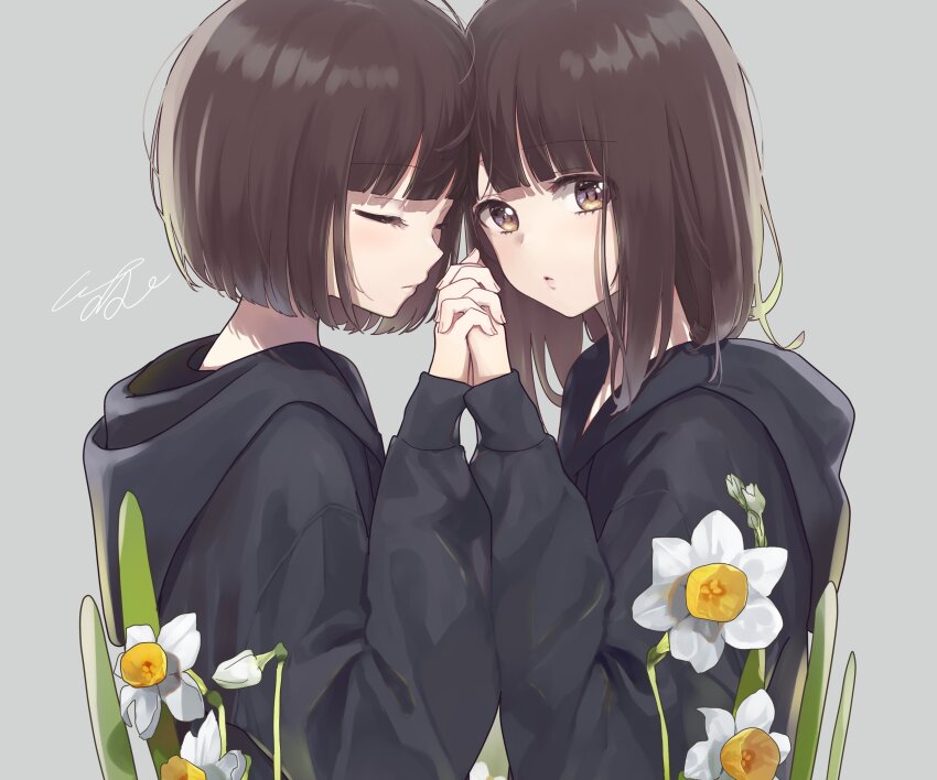 2girls absurdres blush brown_eyes brown_hair female_focus flower grey_background highres menhera_shoujo_kurumi-chan multiple_girls nanase_konomi nanase_kurumi_(menhera-chan) sweater