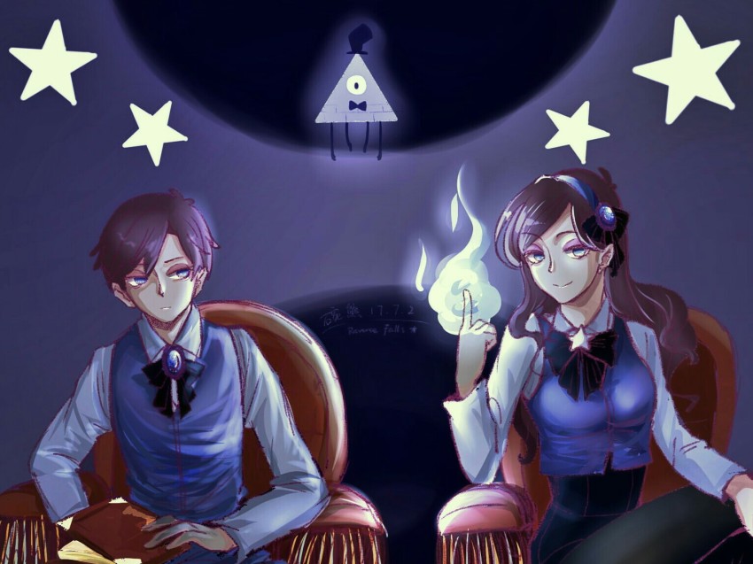 1boy 1girl aqua_eyes aqua_vest ascot bill_cipher book brooch brother_and_sister brown_hair collared_shirt dark_persona dipper_gleeful dipper_pines facial_mark forehead_mark formal_clothes gem gravity_falls hair_ornament hairband jewelry long_hair mabel_gleeful mabel_pines magic pantyhose pentagram shirt short_hair siblings star_(symbol) swept_bangs twins vest will_cipher