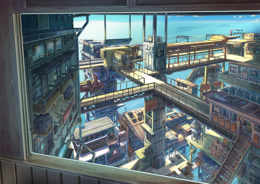 absurdres bridge building electric_fan highres multiple_unit_train no_humans original power_lines qdsn scenery stairs train train_station turnstile walkway window