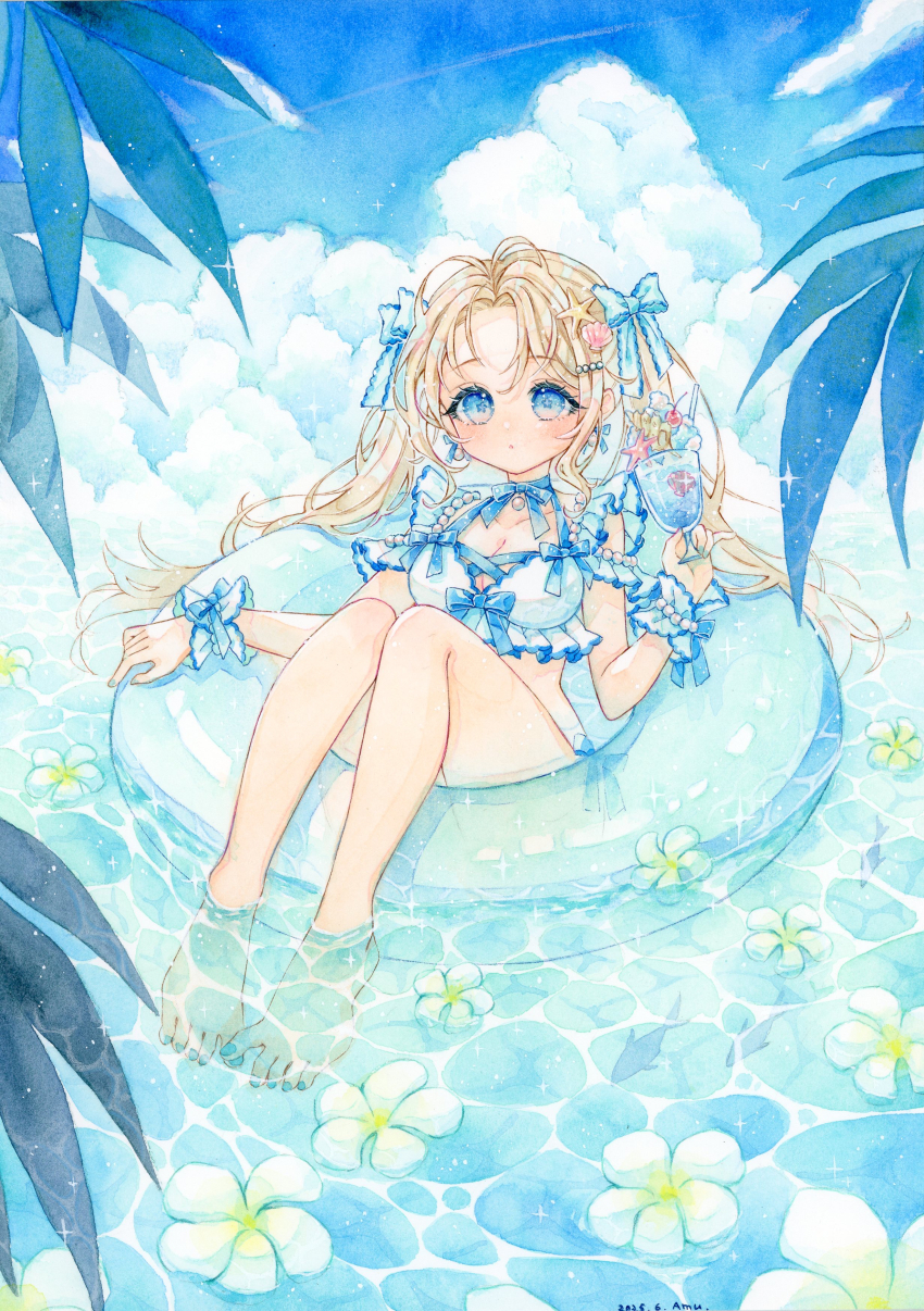 1girl absurdres amu_(m_aa) animal artist_name bare_shoulders barefoot bikini blonde_hair blue_eyes blue_nails blue_ribbon breasts chestnut_mouth cleavage cloud cloudy_sky collarbone cumulonimbus_cloud cup dated day donut_innertube dot_nose drink fish floating floating_flowers flower forehead frilled_bikini frilled_bikini_top frilled_wristband frills hair_ribbon highres holding holding_cup inflatable_toy innertube jewelry large_breasts long_hair looking_at_viewer nail_polish ocean open_mouth original outdoors painting_(medium) ribbon signature sitting sky solo swim_ring swimsuit thighs toes traditional_media watercolor_(medium) wristband