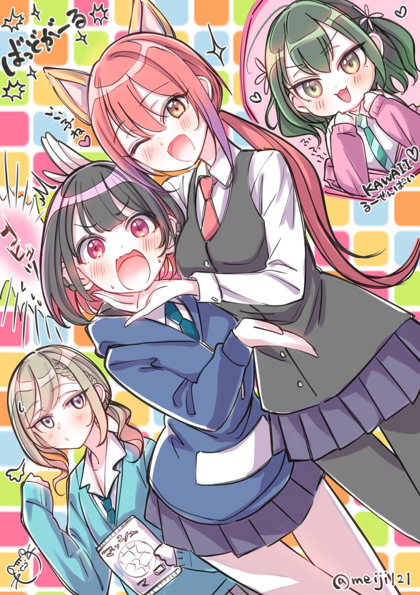 4girls animal_ears aqua_cardigan aqua_necktie bad_girl_(manga) black_hair black_pantyhose black_skirt black_vest blush cardigan collared_shirt colored_inner_hair fake_animal_ears gradient_hair green_necktie hand_on_own_chin highres holding holding_sketchbook long_hair long_sleeves looking_at_viewer low_ponytail medium_hair meiji_(mosamoo3) miniskirt mizutori_atori mole mole_under_eye multicolored_hair multiple_girls necktie one_eye_closed open_cardigan open_clothes open_mouth pantyhose pink_cardigan pleated_skirt ponytail purple_hair red_hair red_necktie ruriha_rura shirt sketchbook skirt suzukaze_suzu sweat sweatdrop twitter_username vest white_shirt yellow_eyes yuutani_yuu