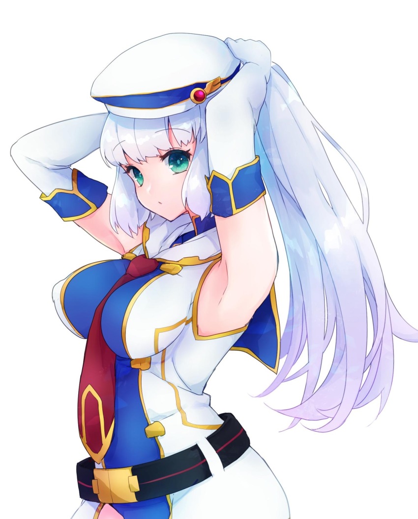 1girl armpits arms_up bare_shoulders belt beret between_breasts black_belt blush breasts closed_mouth commentary_request dress elbow_gloves female_focus gloves green_eyes gundam gundam_exa hat highres large_breasts long_hair looking_at_viewer necktie necktie_between_breasts red_necktie shichijou_natori sidelocks silver_hair simple_background sleeveless sleeveless_dress solo sthesia_awar tying_hair upper_body very_long_hair white_background white_dress white_gloves white_hat