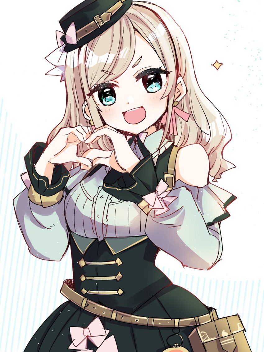1girl :d bare_shoulders belt black_hat black_skirt blue_background blush breasts ceras_yanagida_lilienfeld clothing_cutout collared_shirt commentary cowboy_shot frilled_shirt_collar frills grey_hair grey_shirt hat hat_belt heart heart_hands high-waist_skirt highres kanduki_kamibukuro link!_like!_love_live! long_hair long_sleeves love_live! medium_breasts official_alternate_costume open_mouth puffy_long_sleeves puffy_sleeves retrofuture_(love_live!) shirt shoulder_cutout skirt smile solo steampunk swept_bangs utility_belt v-shaped_eyebrows virtual_youtuber white_background