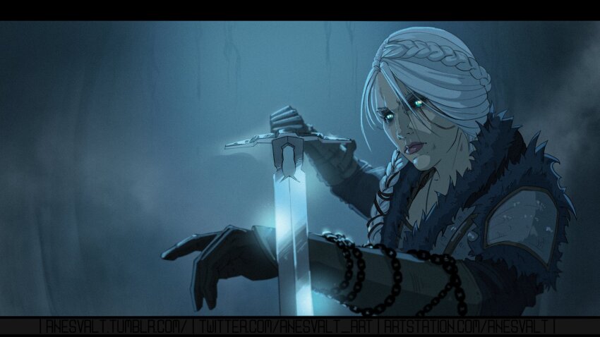1girl anesvalt_art armor black_gloves black_sclera braid braided_ponytail ciri colored_sclera facial_scar gloves green_eyes highres holding holding_sword holding_weapon letterboxed long_hair scar scar_on_cheek scar_on_face solo sword the_witcher_(series) the_witcher_4 upper_body weapon white_hair