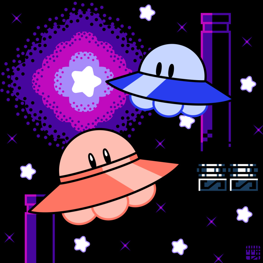 black_background black_eyes flying highres kirby kirby&#039;s_adventure kirby_(series) limited_palette nintendo no_humans pillar sasakinao solid_oval_eyes sparkle star_(symbol) ufo ufo_(kirby)