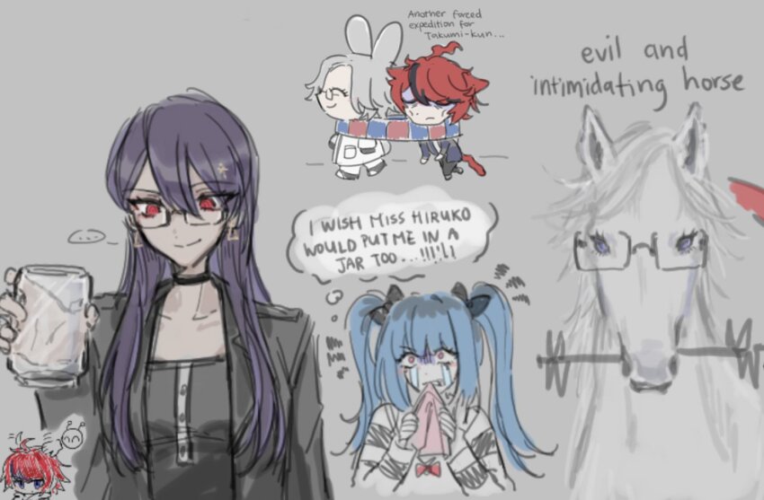 ... 100horses 2boys 2girls ahoge amemiya_darumi animal_ears animalization aotsuki_eito black-framed_eyewear black_choker black_dress black_hair black_jacket blue_hair cat_ears chibi choker closed_mouth collarbone commentary dress earrings english_commentary english_text glasses grey_hair hair_between_eyes holding holding_jar horse jacket jar jealous jewelry long_hair long_sleeves mini_person miniboy multicolored_hair multiple_boys multiple_girls open_clothes open_jacket pink_eyes purple_eyes purple_hair rabbit_ears red_eyes red_hair scarf shared_clothes shared_scarf shizuhara_hiruko smile speech_bubble streaked_hair sumino_takumi the_hundred_line_-last_defense_academy- thought_bubble twintails two-tone_hair