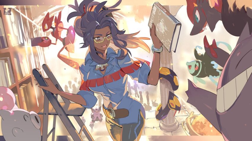 1girl belt black_hair blue_shirt book bookshelf bracelet brown_belt collared_shirt dark-skinned_female dark_skin e_volution gen_1_pokemon gen_2_pokemon gen_3_pokemon gen_4_pokemon gen_5_pokemon gengar glasses grin grumpig holding holding_book jewelry ladder lipstick looking_down lower_teeth_only lumineon makeup nintendo pants pillar pink_lips pokemon pokemon_(creature) pokemon_sv raifort_(pokemon) scizor seviper shirt smile spoink stepladder teeth yellow-framed_eyewear zoroark