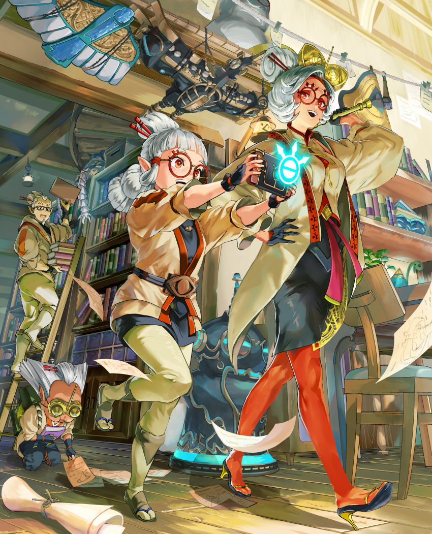 2632f 2boys 2girls absurdres black_gloves black_skirt blunt_bangs book bookshelf breasts ceiling chair coat commentary_request day eyeshadow facial_hair glasses gloves goatee goggles grey_coat hair_bun hair_ornament hair_stick hand_on_own_hip high_heels highres holding holding_book indoors josha_(zelda) ladder long_sleeves makeup medium_breasts multiple_boys multiple_girls nintendo on_ladder open_mouth pants pantyhose paper partial_commentary pencil_skirt pointy_ears purah purah_pad red-framed_eyewear red_eyes red_eyeshadow red_pantyhose round_eyewear sandals sheikah shirt skirt small_breasts stepladder symin_(zelda) the_legend_of_zelda three-quarter_sleeves vah_medoh walking white_hair white_shirt wooden_floor