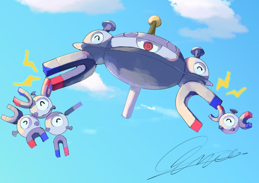 carrying closed_eyes day evolutionary_line floating full_body gen_1_pokemon gen_4_pokemon happy highres looking_at_viewer magnemite magnet magneton magnezone multiple_others nintendo no_humans pokemon pokemon_(creature) pokemon_ability qua quablue_sky red_eyes signature simple_background sky