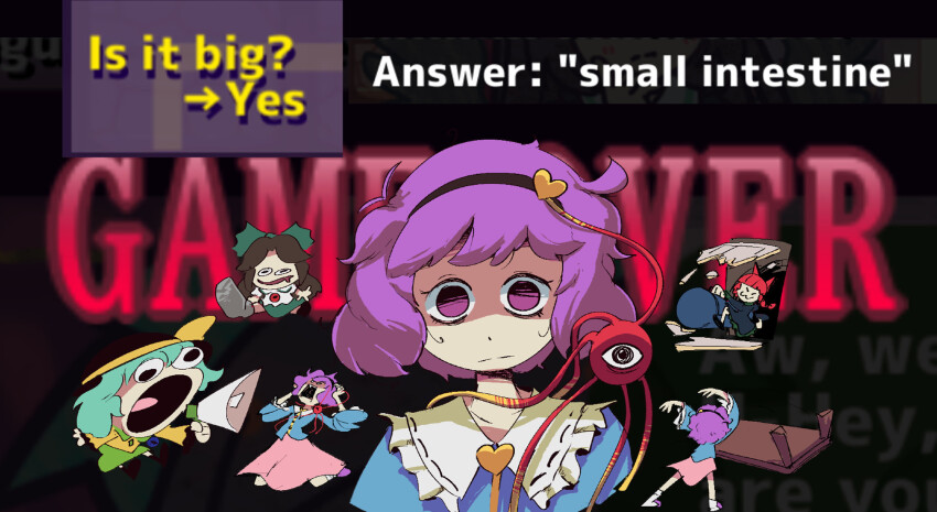 4girls arm_cannon black_hair blue_shirt commentary english_commentary english_text green_hair green_skirt heart help_me_remember_satori-sama! highres kaenbyou_rin komeiji_koishi komeiji_satori looking_at_viewer megaphone multiple_girls pink_skirt purple_eyes purple_hair red_hair reiuji_utsuho shirt short_hair skirt sr_pelo table third_eye touhou weapon