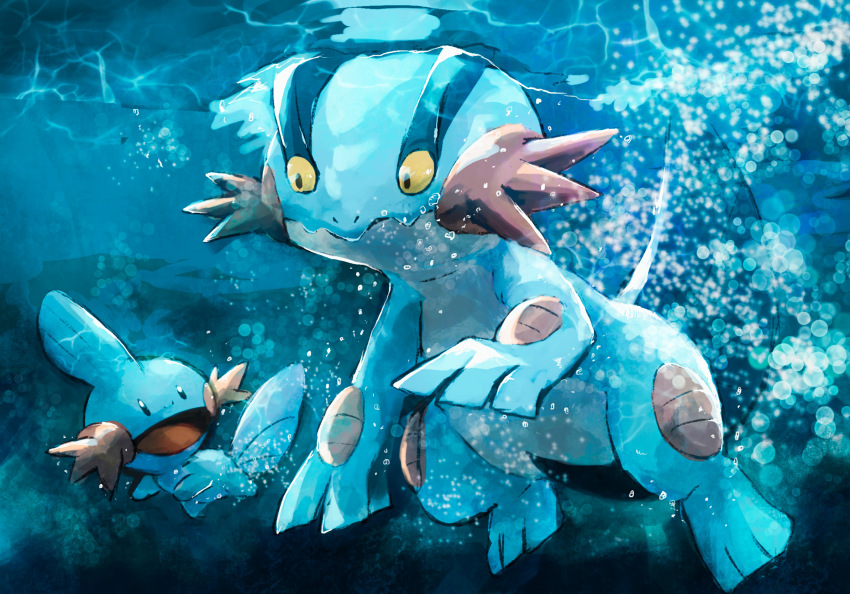 black_eyes bubble colored_sclera fins gen_3_pokemon highres mudkip nintendo no_humans open_mouth pokemon pokemon_(creature) smile swampert swimming toneko underwater water yellow_sclera
