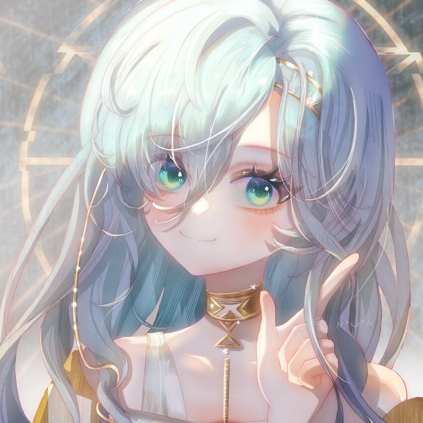 1girl 37_(reverse:1999) ancient_greek_clothes bare_shoulders blue_eyes blue_hair closed_mouth eyelashes gold_choker greco-roman_clothes grey_background hair_between_eyes hand_up highres index_finger_raised long_hair looking_at_viewer luoxue_yongdongji reverse:1999 smile solo toga upper_body