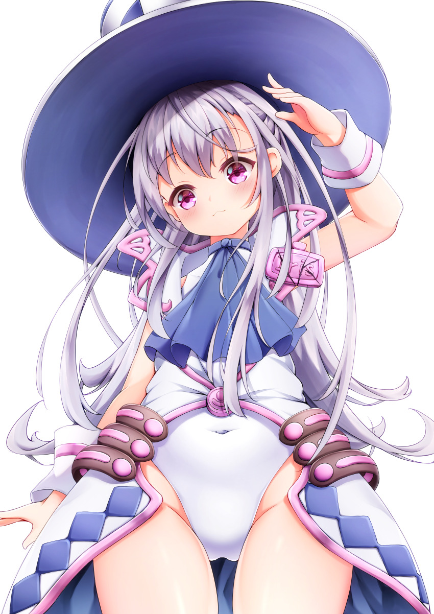 1girl absurdres downturned_eyes emil_chronicle_online hat highres kamishibaiya_iris leotard long_hair purple_eyes standing thighs white_background white_hair white_hat