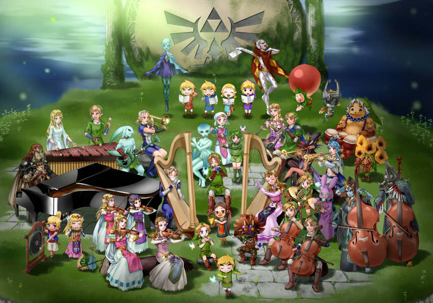 6+boys 6+girls aryll cheek_swirl cia_(hyrule_warriors) drum fi_(zelda) flute ganondorf ghirahim gong guitar harp highres holding holding_flute holding_instrument holding_violin hyrule_warriors impa instrument lana_(hyrule_warriors) link marimba medli midna midna_(true) multiple_boys multiple_girls multiple_persona music nail_polish navi nintendo ocarina orchestra pantyhose piano playing_instrument princess_hilda princess_ruto princess_zelda ravio saria_(zelda) sheik singing skull_kid spoilers super_smash_bros. tetra the_legend_of_zelda the_legend_of_zelda:_a_link_between_worlds the_legend_of_zelda:_four_swords the_legend_of_zelda:_majora&#039;s_mask the_legend_of_zelda:_ocarina_of_time the_legend_of_zelda:_skyward_sword the_legend_of_zelda:_the_wind_waker the_legend_of_zelda:_twilight_princess the_legend_of_zelda_(nes) tingle toon_link triangle_(instrument) trombone trumpet violin wasabi_(legemd) young_link young_zelda zant