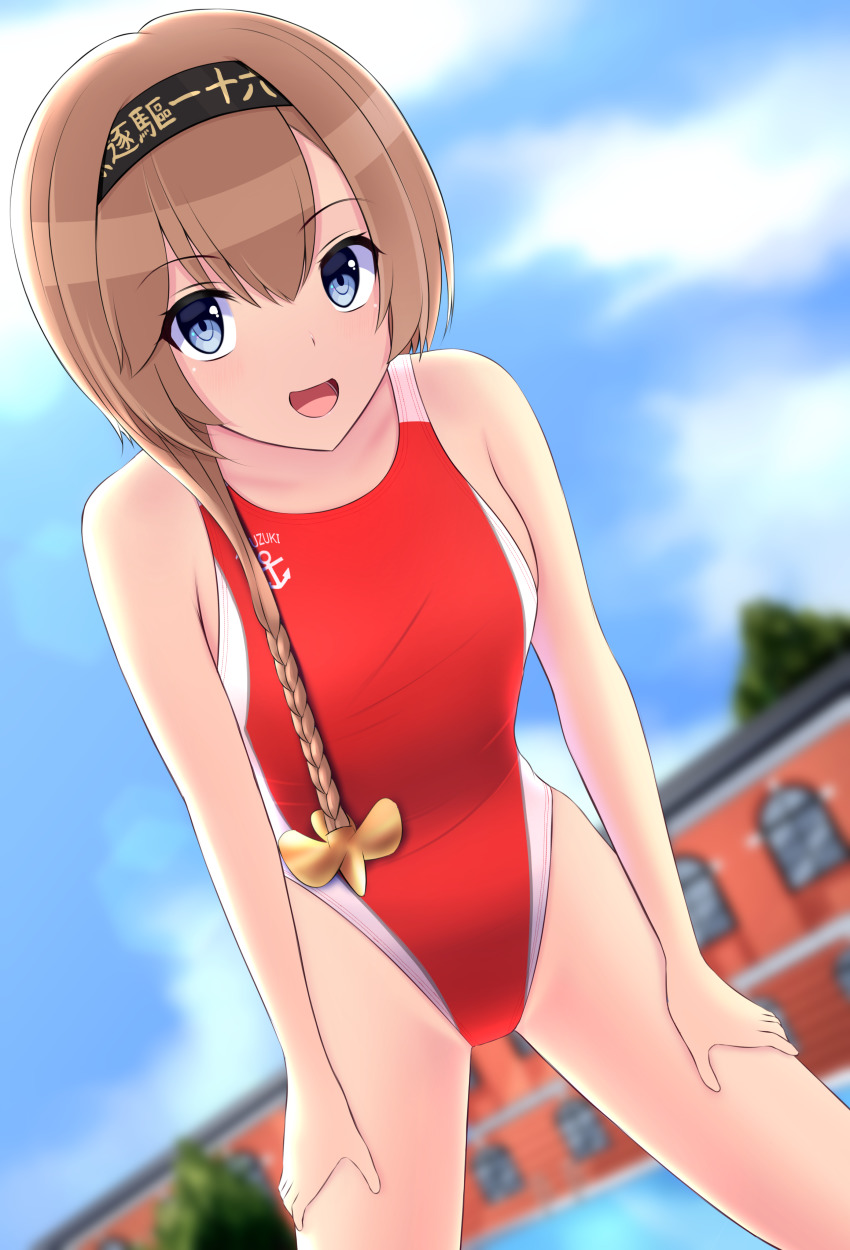 absurdres anchor_symbol blue_eyes braid character_name competition_swimsuit hachimaki hair_ornament headband highres kantai_collection light_brown_hair looking_at_viewer nokonoko one-piece_swimsuit outdoors propeller_hair_ornament red_one-piece_swimsuit smile solo swimsuit teruzuki_(kancolle) twin_braids
