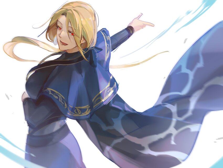 1girl an_ling_withered belt blonde_hair breasts dress genderswap genderswap_(mtf) goeniko goenitz habit highres large_breasts long_hair looking_at_viewer looking_back ponytail pretty_goenitz priest red_eyes slit_pupils snk the_king_of_fighters the_king_of_fighters_all-stars