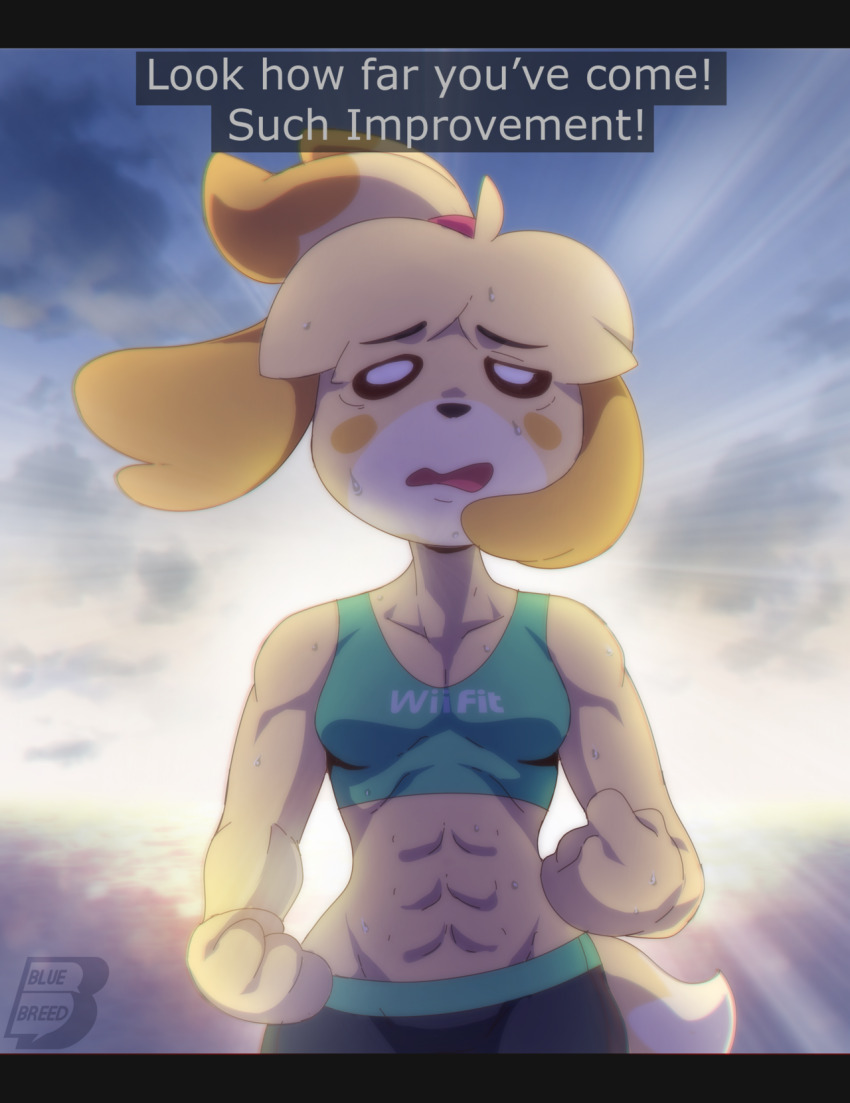 1girl abs animal_crossing animal_ears artist_logo artist_name bare_arms bare_shoulders black_eyes bluebreed boku_no_hero_academia bra clenched_hands clothes_writing cloud collarbone cosplay derivative_work dog_ears english_text exhausted furry green_bra high_ponytail highres isabelle_(animal_crossing) letterboxed light_rays logo midriff muscular muscular_arms muscular_female nintendo open_mouth ponytail screenshot_redraw sky solo sports_bra super_smash_bros. sweat tail underwear wii_fit wii_fit_trainer_(cosplay)