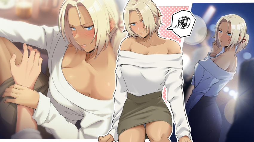 1boy 1girl alternate_costume blonde_hair blue_eyes breasts catherine_(fire_emblem) cleavage dark-skinned_female dark_skin fire_emblem fire_emblem:_three_houses furo_atsushi nintendo off_shoulder ponytail