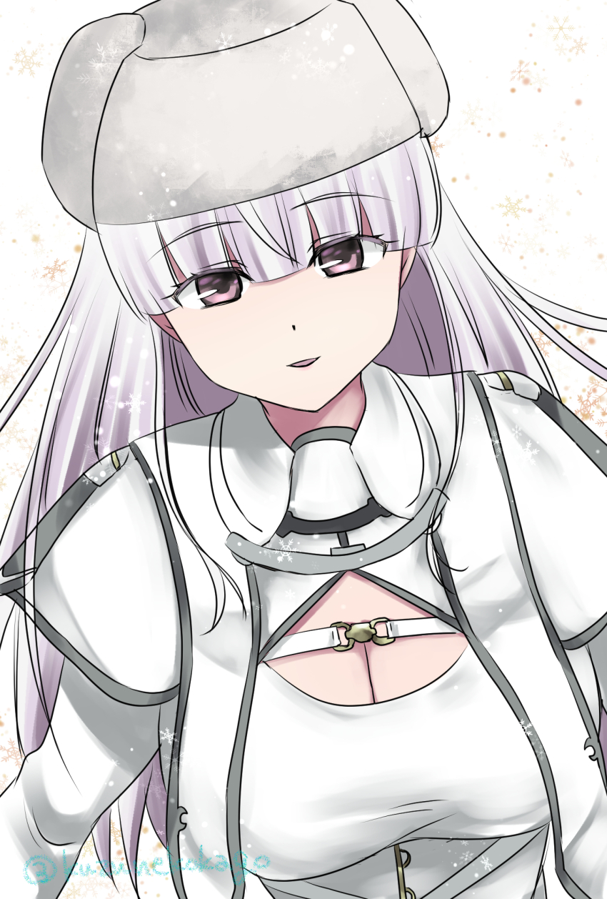 1girl blunt_bangs breasts cleavage dress fur_hat hat highres kantai_collection kirov_(kancolle) large_breasts long_hair looking_at_viewer one-hour_drawing_challenge papakha pink_eyes shizukuneko solo white_background white_dress white_hair white_hat