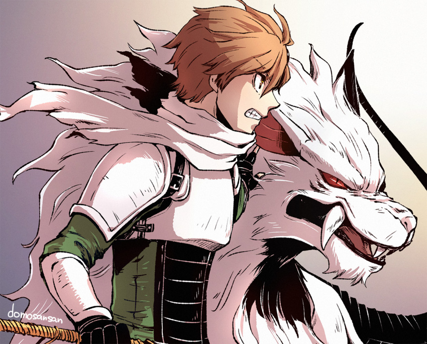 1boy angry arm_armor armor black_gloves breastplate brown_eyes brown_hair cerberus_(megami_tensei) clenched_teeth demon_(megami_tensei) facing_to_the_side formal_clothes gloves green_jacket green_shirt green_suit hand_on_animal holding holding_weapon jacket kazuya_(megami_tensei) male_focus monster partially_fingerless_gloves red-eye_effect scarf shin_megami_tensei shin_megami_tensei_i shinabita_nasubi shirt shoulder_pads suit teeth weapon white_armor white_background white_scarf