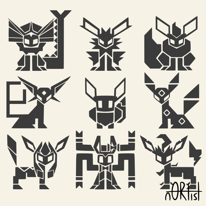 animal_focus commentary eevee espeon evolutionary_line flareon flat_color forked_tail full_body game_freak gen_1_pokemon gen_2_pokemon gen_4_pokemon gen_6_pokemon glaceon highres jolteon leafeon looking_at_viewer minimalism monster_hunter_(series) n0rtist nintendo no_humans original parody pokemon pokemon_(creature) profile ribbon simple_background sitting style_parody sylveon tail umbreon vaporeon white_background