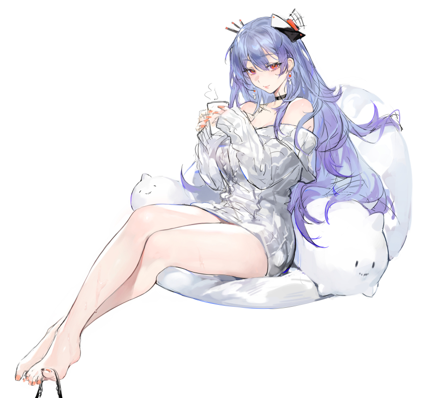 1girl absurdres bare_legs barefoot black_choker blush breasts choker cleavage collarbone crossed_legs cup dress earrings eyelashes feet full_body grey_dress hair_ornament hands_up helena_(warship_girls_r) highres holding holding_cup holding_with_feet jewelry large_breasts leg_focus legs long_hair looking_at_viewer nail_polish off-shoulder_dress off_shoulder orange_nails purple_hair red_eyes short_dress simple_background sitting sketch smile solo sweat sweatdrop toenail_polish toenails toes very_long_hair warship_girls_r white_background xiangchizhubijin