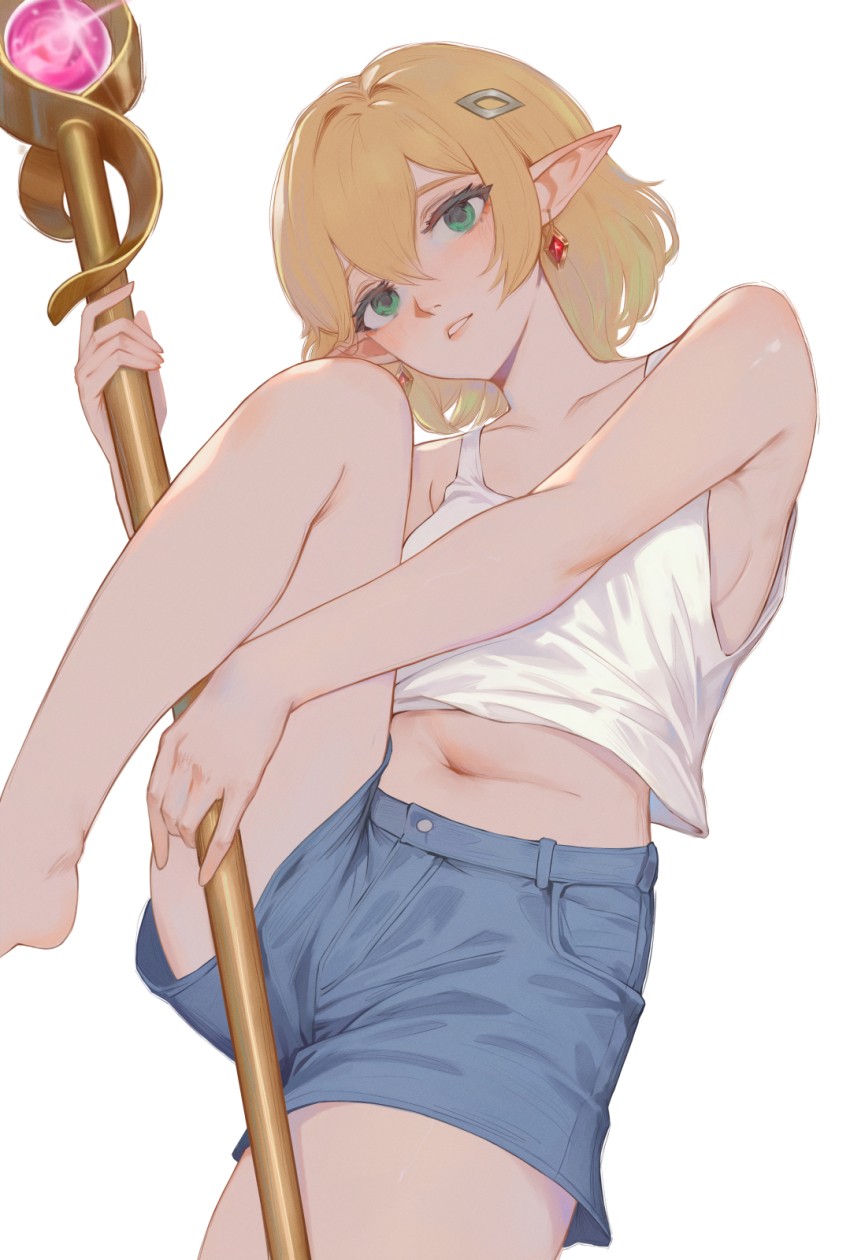 1girl bare_arms bare_shoulders blonde_hair blue_shorts blush breasts commentary denim denim_shorts double-parted_bangs earrings elf foot_out_of_frame glint green_eyes hair_between_eyes hair_ornament hairclip highres holding holding_staff jewelry knee_up long_pointy_ears looking_at_viewer mage_staff medium_breasts midriff navel original parted_lips pointy_ears shchrit short_hair shorts sideboob simple_background solo staff tank_top teeth white_background white_tank_top