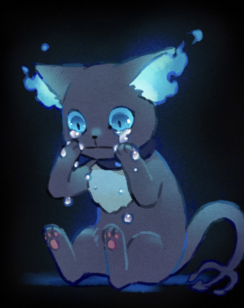black_background blue_eyes commentary_request creature crying full_body funuyu grim_(twisted_wonderland) highres no_humans simple_background sitting twisted_wonderland
