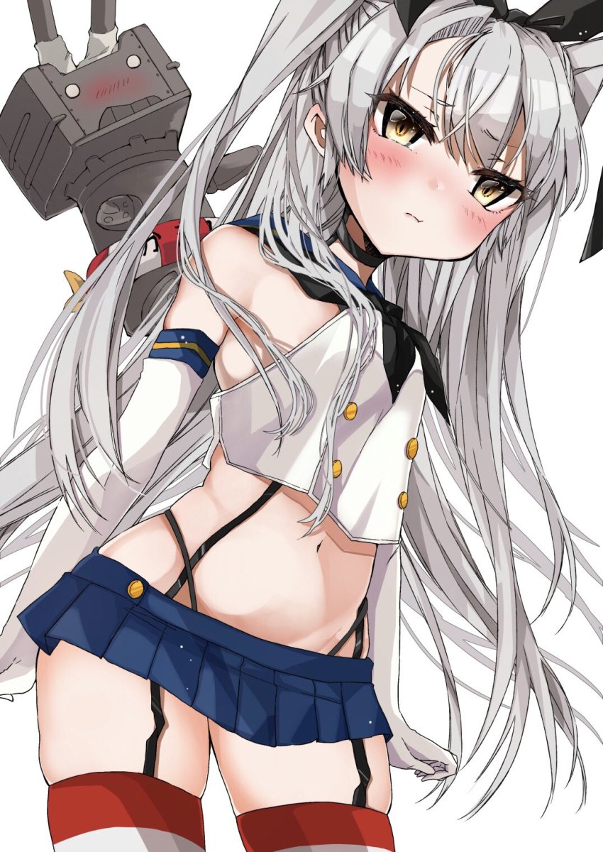 1girl amatsukaze_(kancolle) black_neckerchief black_panties blue_sailor_collar blue_skirt blush chigasaki_yukari cosplay crop_top elbow_gloves gloves hair_between_eyes highleg highleg_panties highres kantai_collection long_hair microskirt neckerchief panties pleated_skirt pout rensouhou-kun sailor_collar shimakaze_(kancolle) shimakaze_(kancolle)_(cosplay) silver_hair simple_background skirt sleeveless striped_clothes striped_thighhighs thighhighs two_side_up underwear white_background white_gloves yellow_eyes