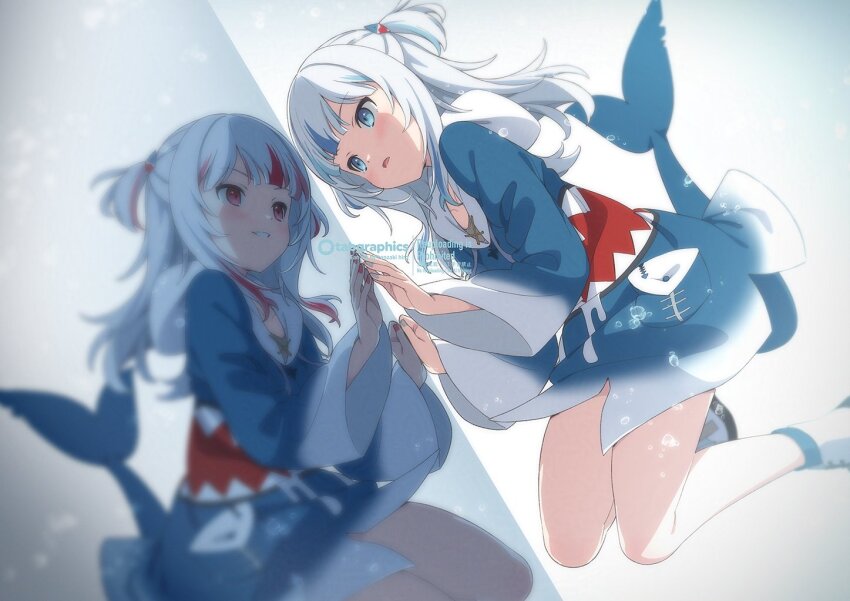 2girls animal_costume blue_eyes blue_hair blue_hoodie blue_nails blunt_bangs commentary_request dark_persona different_reflection fins fish_tail gawr_gura gawr_gura_(1st_costume) grey_hair grin hair_ornament hololive hololive_english hood hoodie kanzaki_hiro long_hair long_sleeves looking_at_mirror mirror multicolored_hair multiple_girls nail_polish no_pants open_mouth red_eyes red_hair red_nails reflect_(gawr_gura) reflection shark_costume shark_girl shark_hair_ornament shark_tail smile streaked_hair tail two_side_up virtual_youtuber white_sneakers wide_sleeves