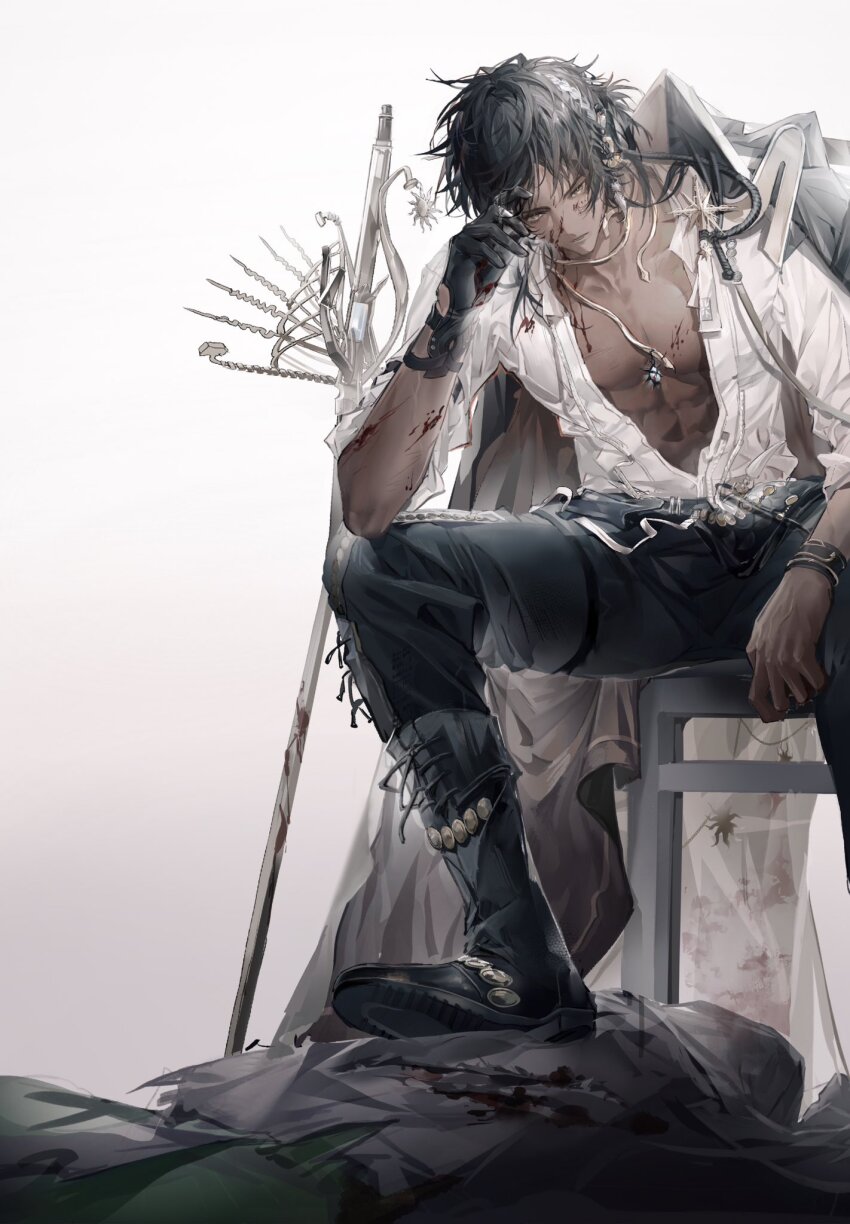 1boy abs arknights black_boots black_gloves black_hair black_pants blood blood_on_clothes blood_on_face boots dark-skinned_male dark_skin gloves gradient_background highres jewelry male_focus necklace pants shirt simple_background sitting sword thorns_(arknights) thorns_the_lodestar_(arknights) toned toned_male weapon white_shirt yellow_eyes zhiyu502921798