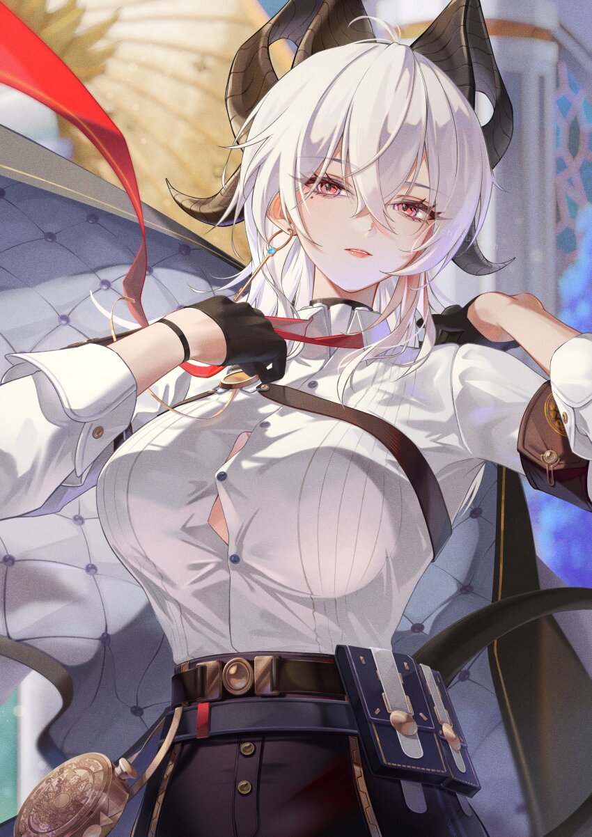 1girl absurdres black_choker black_gloves black_horns black_jacket black_pants black_tail breasts button_gap chest_harness chigusa7h choker collared_shirt commentary_request cowboy_shot curled_horns earrings gloves hair_between_eyes harness high-waist_pants highres horns jacket jacket_on_shoulders jewelry key_earrings large_breasts long_hair looking_at_viewer mole mole_under_eye pants parted_lips red_eyes shirt shirt_tucked_in solo tight_clothes tight_pants white_hair white_shirt wuthering_waves zani_(wuthering_waves)