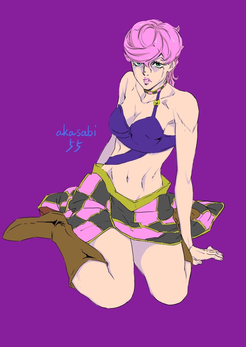 1girl boots breasts choker collarbone full_body green_eyes highres jojo_no_kimyou_na_bouken lips looking_at_viewer matsukawa_tetsuya midriff navel pink_hair short_hair skirt solo trish_una vento_aureo