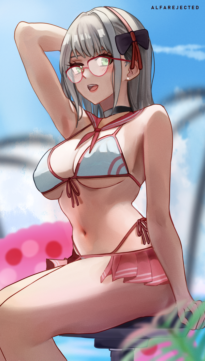 1girl absurdres alfarejected arm_behind_head arm_up artist_name beach bikini bikini_skirt black_choker blurry blush breasts choker cleavage depth_of_field front-tie_bikini_top front-tie_top glasses goddess_of_victory:_nikke green_eyes grey_hair hair_ribbon highres large_breasts long_hair looking_at_viewer navel neon_(blue_ocean)_(nikke) neon_(nikke) official_alternate_costume open_mouth outdoors pink_bikini pink_innertube ribbon sailor_collar side-tie_bikini_bottom sitting solo swimsuit white_bikini