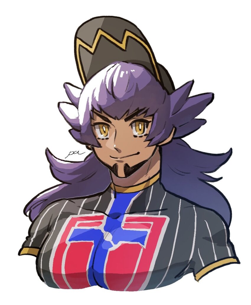 1boy baseball_cap beard bright_pupils champion_uniform closed_mouth dark-skinned_male dark_skin facial_hair hat highres leon_(pokemon) long_hair looking_at_viewer male_focus nintendo paa_(drgnstom) pectorals pokemon pokemon_swsh purple_hair shield_print shirt signature smile solo sword_print upper_body white_pupils yellow_eyes