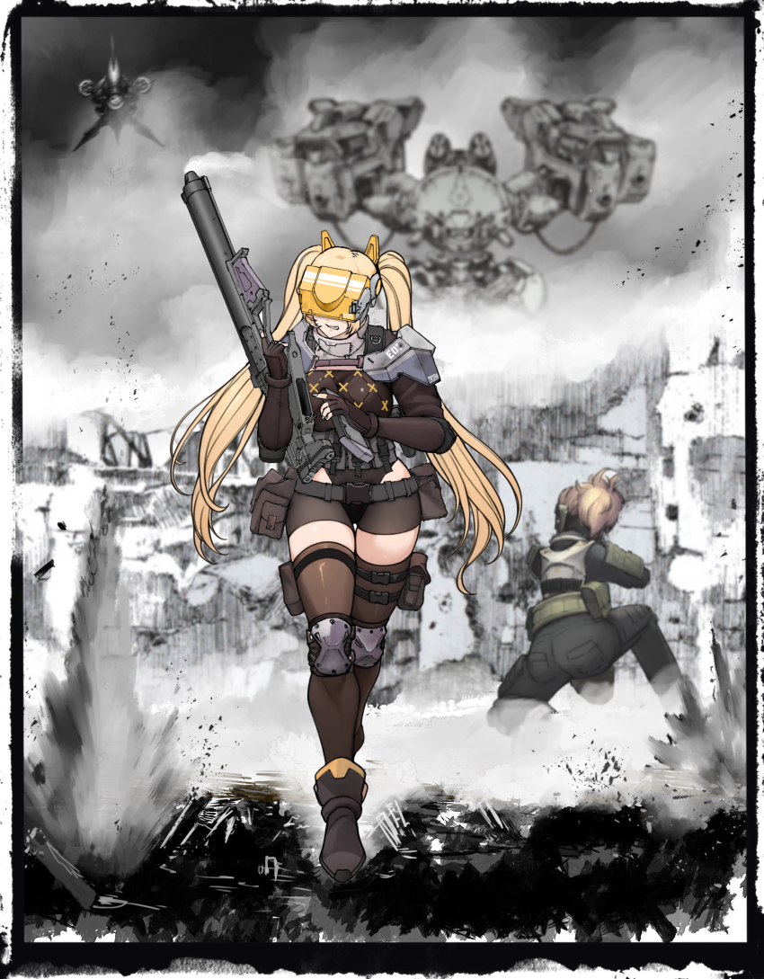2girls absurdres belt belt_pouch black_belt black_footwear blonde_hair blurry blurry_background breasts brown_thighhighs clenched_teeth commentary commentary_request english_commentary from_behind full_body goddess_of_victory:_nikke gun high_heels highleg highleg_leotard highres holding holding_gun holding_magazine_(weapon) holding_weapon idoll_sun_(nikke) knee_pads leotard long_hair long_sleeves magazine_(weapon) military military_uniform mixed-language_commentary multiple_girls ogirin3948 on_one_knee outdoors parted_lips partially_colored pouch product_23_(nikke) rapture_(nikke) reloading running soldier teeth thigh_pouch thigh_strap thighhighs thighs twintails visor_(armor) weapon