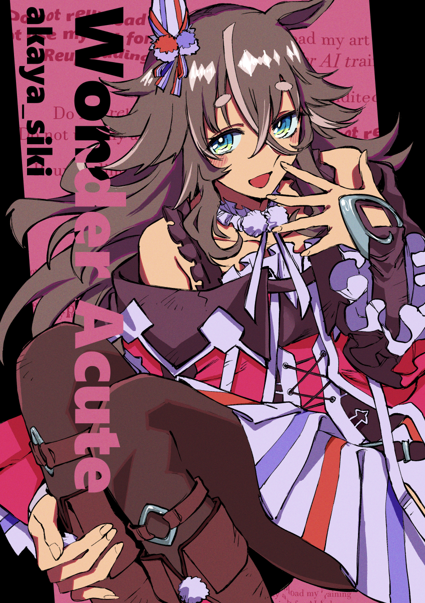 1girl absurdres akaya_shiki animal_ears artist_name blue_eyes blush boots breasts character_name collarbone commentary ear_covers full_body grey_hair hair_between_eyes hair_ornament highres horse_ears horse_girl horse_tail hugging_own_legs long_hair looking_at_viewer multicolored_hair open_mouth pantyhose pink_background simple_background single_ear_cover smile solo streaked_hair tail thick_eyebrows umamusume watermark white_hair wonder_acute_(umamusume)
