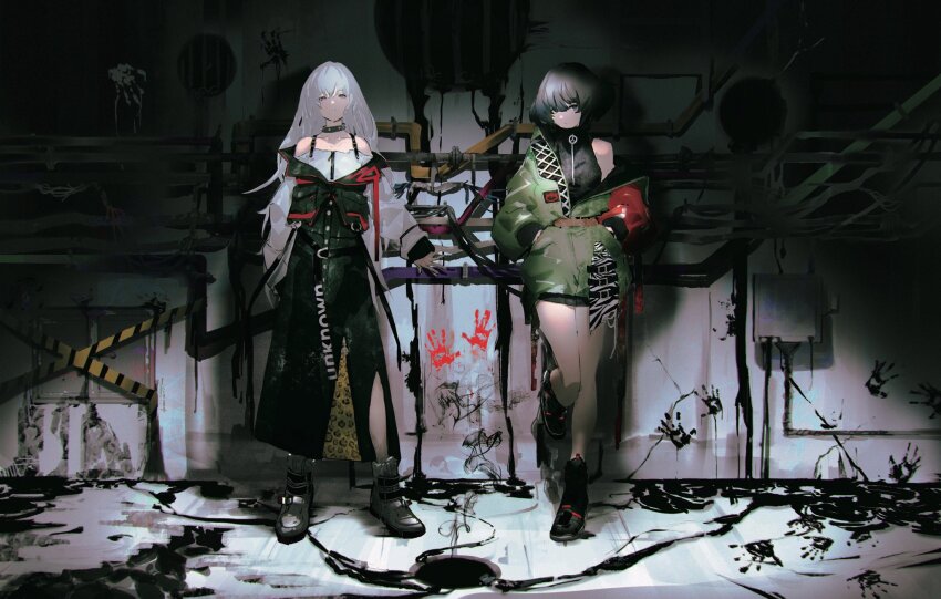 2girls against_wall animal_print arms_at_sides ayaka_tachibana bare_legs bare_shoulders belt belt_collar black_eyes black_hair black_shorts collar concrete dorohedoro dress full_body green_jacket grey_eyes grey_hair hair_between_eyes handprint hands_in_pockets highres indoors industrial_pipe jacket key_visual know_name long_dress long_hair multiple_girls nikiie official_art parted_lips promotional_art shin_strap shirt shoes short_hair shorts side_slit single_off_shoulder sleeveless sleeveless_shirt sneakers so-bin standing standing_on_one_leg turtleneck turtleneck_shirt zebra_print